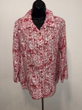JM Collections Blouse Top Women’s 14 W Button Front Roll Tab